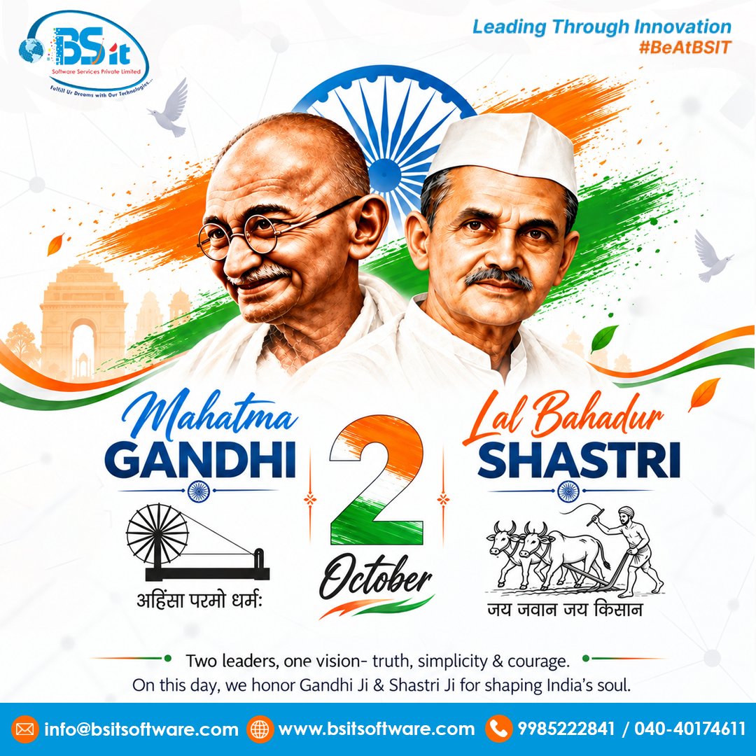 bsitsoftware's tweet photo. Remembering Gandhi Ji and Shastri Ji. 🇮🇳

On Gandhi Jayanti and Shastri Jayanti, we remember Mahatma Gandhi and Lal Bahadur Shastri and reflect on values of truth, simplicity, courage, and service.

May their values continue to inspire us.

#BSIT #GandhiJayanti #ShastriJayanti https://t.co/xK7oeCOcfe
