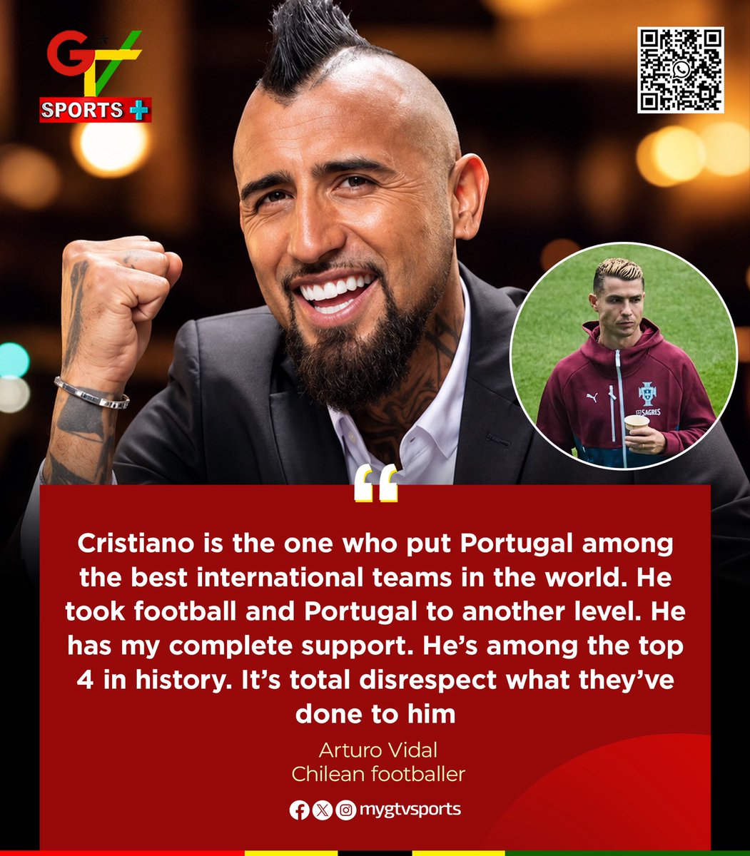 mygtvsports's tweet photo. Cristiano is the one who put Portugal among the best international teams in the world. He took football and Portugal to another level. He has my complete support. He’s among the top 4 in history. It’s total disrespect what they’ve done to him - Arturo Vidal

#GTVSports https://t.co/HBiS2Xs0qA