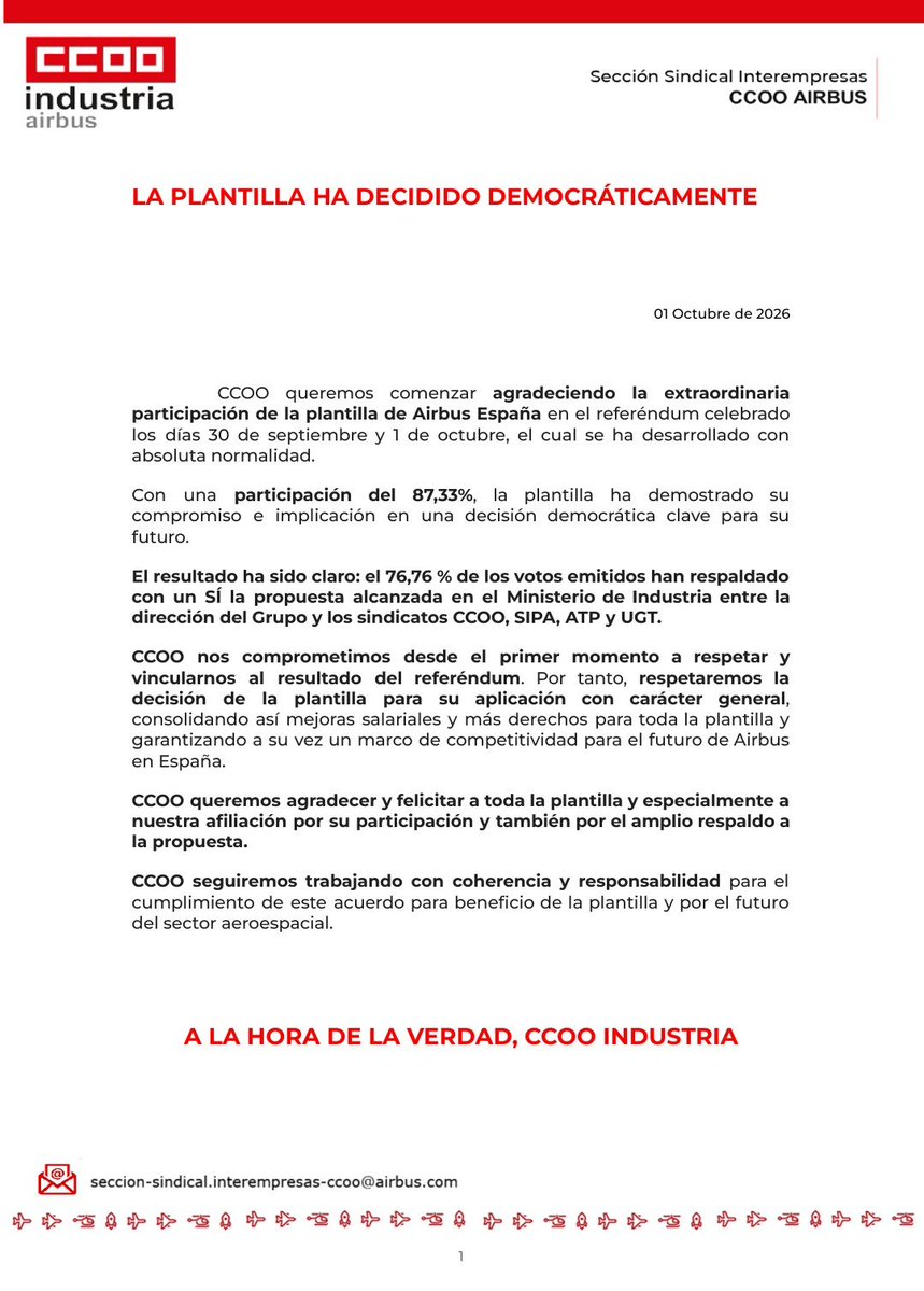 ccooand_FI's tweet photo. CCOO Industria Airbus✈️
Las personas trabajadoras de AIRBUS se han pronunciado Democráticamente‼️
📝 76,76% de votos a favor
📊 87,33% de participación
Respaldo absoluto a un Acuerdo que mejora Salarios, Permiso, Derechos para un Futuro Industrial en Airbus.
Más información 👇 https://t.co/PfhAUpxqIe