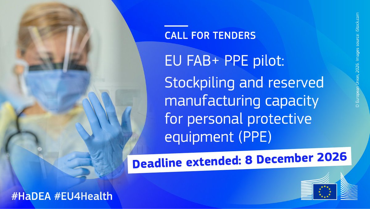 EU_HaDEA's tweet photo. 📢 Deadline extended for the #EU4Health call for tenders to support the stockpiling of personal protective equipment and the reservation of manufacturing capacity.

New deadline: 8 December 2026

Learn more and apply 👉 https://t.co/jkEoDV1uNU https://t.co/j6XI8mGC77