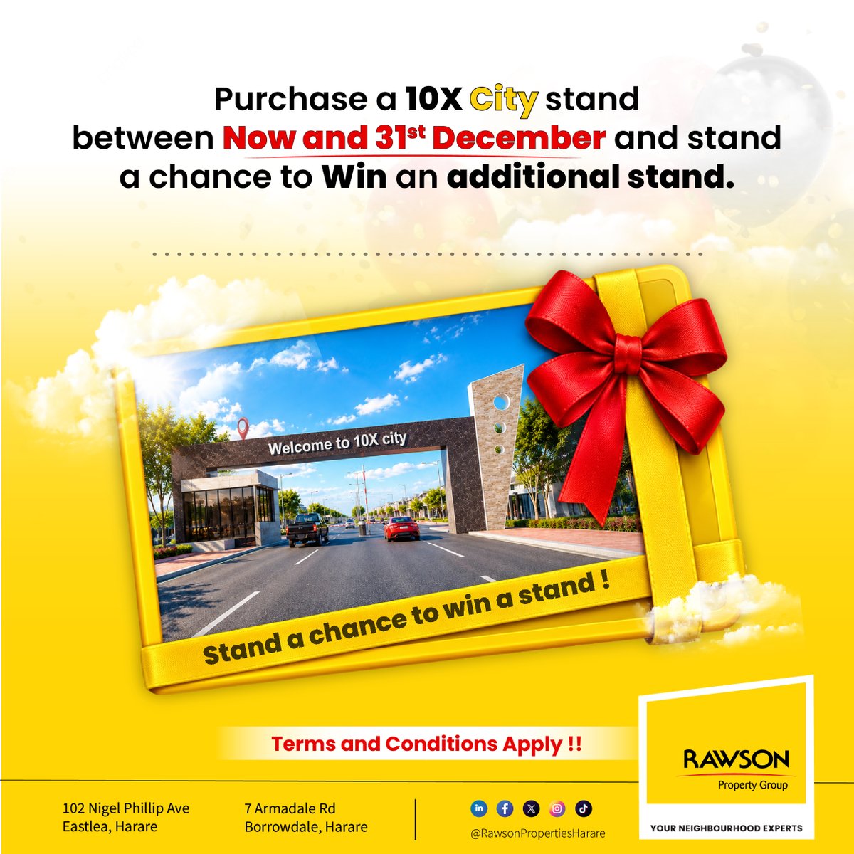 rawsonharare's tweet photo. Secure your 10X City stand between now and 31 December and stand a chance to win an additional stand.

ZERO% Deposit | Flexible Payment Plans
• 60 months: $321.53/month
• 48 months: $369.33/month
• 36 months: $448.98/month
• 24 months: $608.30/month
• 12 months: $1,086.25/month
Terms & Conditions Apply.

For assistance and enquiries, please feel free to contact any one of our sales partners listed below:

Amos +263 779 155 811

Bradley +263 771 171 545
Brian +263 782 122 224
Cathrine - +263 787 511 737
Kelly +263 777 443 699
Kudzie +263 772 515 102
Monica +263 783 221 717
Ropa +263 786 852 547
Tanaka +263 773 799 581
Tonde +263 786 812 613
Nesbert +263 772 515 880

Follow the Rawson Properties Group channel on WhatsApp:

https://t.co/WssMYbSXKo

#10XCity #RawsonProperties #PropertyInvestment #ZimbabweProperty #StandAndWin #InvestInProperty #HarareProperty #YourNeighbourhoodExperts