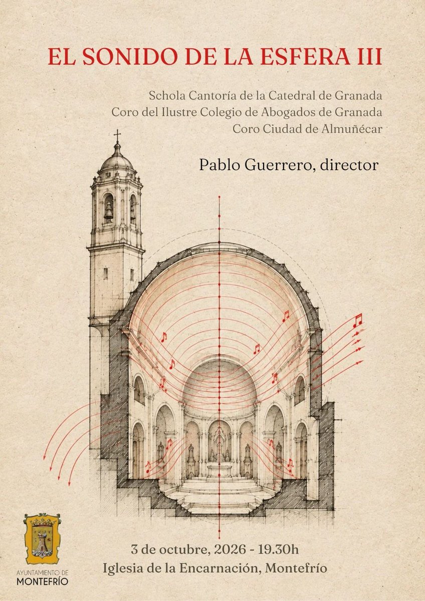 IcagrTwit's tweet photo. 🎶 Disfruta mañana del #concierto 'El sonido de la esfera III' que ofrecerá el  #Coro ICAGR, junto a la Schola Cantoría de la Catedral de Granada y al Coro Ciudad de Almuñécar, en la Iglesia de la Encarnación de #Montefrío. 
📅 3 octubre
⏰ 19:30h. 
🎟️ Entrada libre. https://t.co/wZ9f1PtvNr
