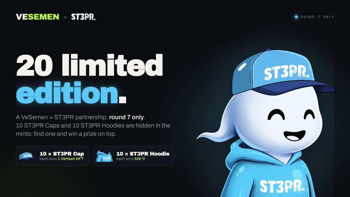 worldofv_art's tweet photo. VESEMEN Round 7 is LIVE! 🚨

This round comes with a new partnership with @ST3PR_VET  🤝

We’ve hidden 20 limited-edition ST3PR traits across the mints:

10 ST3PR Caps
10 ST3PR Hoodies

And each one comes with a different reward 👇 https://t.co/vZ7W4OoyJw