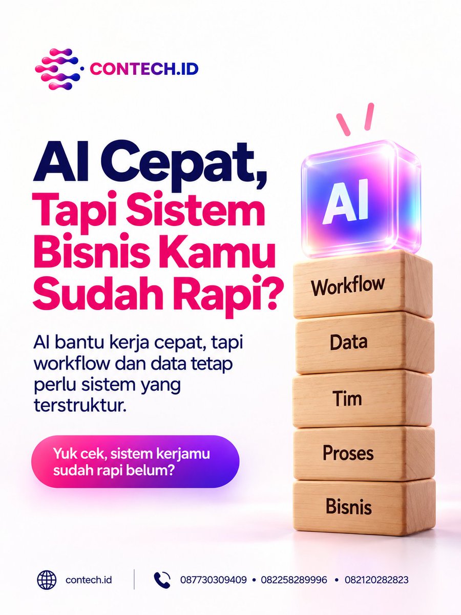 contechofficial's tweet photo. AI bisa mempercepat pekerjaan, tapi sistem tetap dibutuhkan supaya data dan proses bisnis nggak berantakan. Cepat penting. Rapi juga penting. ๐ฒ 087730309409 โข 082258289996 โข 082120282823 ๐ https://t.co/1zwQr4rlOR #contechid #ai #businesssystem #zonauang https://t.co/sFjTAuGDmU