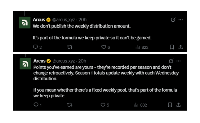 louisdives's tweet photo. Red Flag from Arcus🚩

Let me tell you the system point distribution of Arcus, maybe they will keep the total points based on trading volume.

Summary:
-> Previously in Arcus documents, it's like they will scale the total points with total trading volume.
-> Then they changed that statement on their documents to make everything more clear after Branxi posted about it.
-> Then they comment something like this "Don't publish the weekly distribution amount"
-> It's part of "Formula they keep private".
-> S0 points are not visible until the program ends.
-> Beside the point system, many CTs also posted about another red flag regarding the referral system.

Conclusion:
Arcus is not transparent.