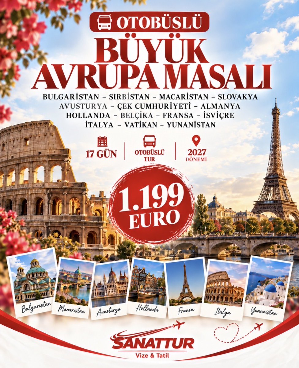 sanattur's tweet photo. 🚌✨ Otobüslü Büyük Avrupa Masalı 2027!
17 Gün 16 Gece boyunca 14 ülke, 10 başkent ve 36 şehir keşfediyoruz! 🌍
Prag’dan Paris’e, Amsterdam’dan Roma’ya, Alp göllerinden masalsı kasabalara uzanan unutulmaz bir Avrupa yolculuğu sizi bekliyor. 🇪🇺❤️

📅 Hareket Tarihleri: 2 Temmuz • 16 Temmuz • 30 Temmuz • 13 Ağustos • 27 Ağustos
📍 İstanbul / Kadıköy Kalkışlı

❤️ Sanattur, tatilin adresi budur.

#Sanattur #BüyükAvrupaMasalı #AvrupaTuru #OtobüslüTur #2027Turları