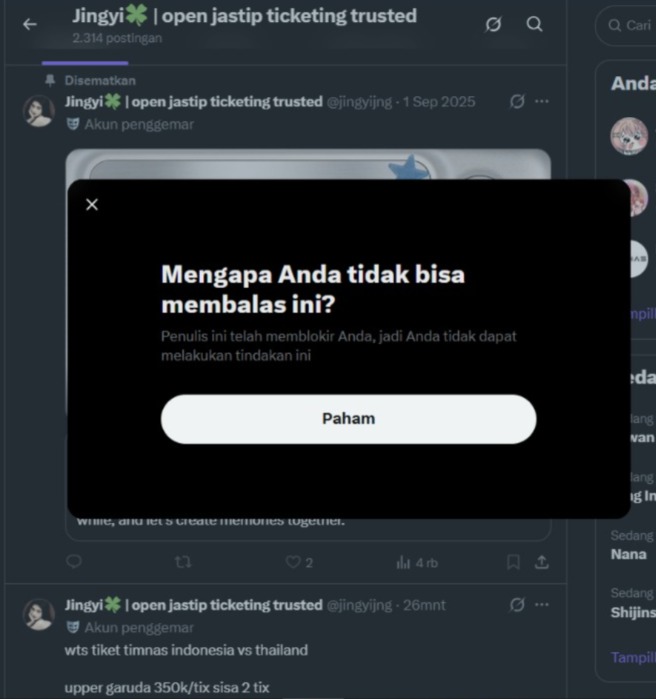 fucknatta's tweet photo. kak @jingyijng kamu jahat banget tipu aku
tiket timnas itu hadiah untuk adikku kak, aku udah berharap tapi kamu tipu aku kayak gini, padahal aku udah bilang ke adikku kalau mau ajak dia nonton timnas, jahat bgt kamu kak
semoga kamu merasakan balasannya ya kak
#timnas
#penipuan https://t.co/tXtqWTMAxc