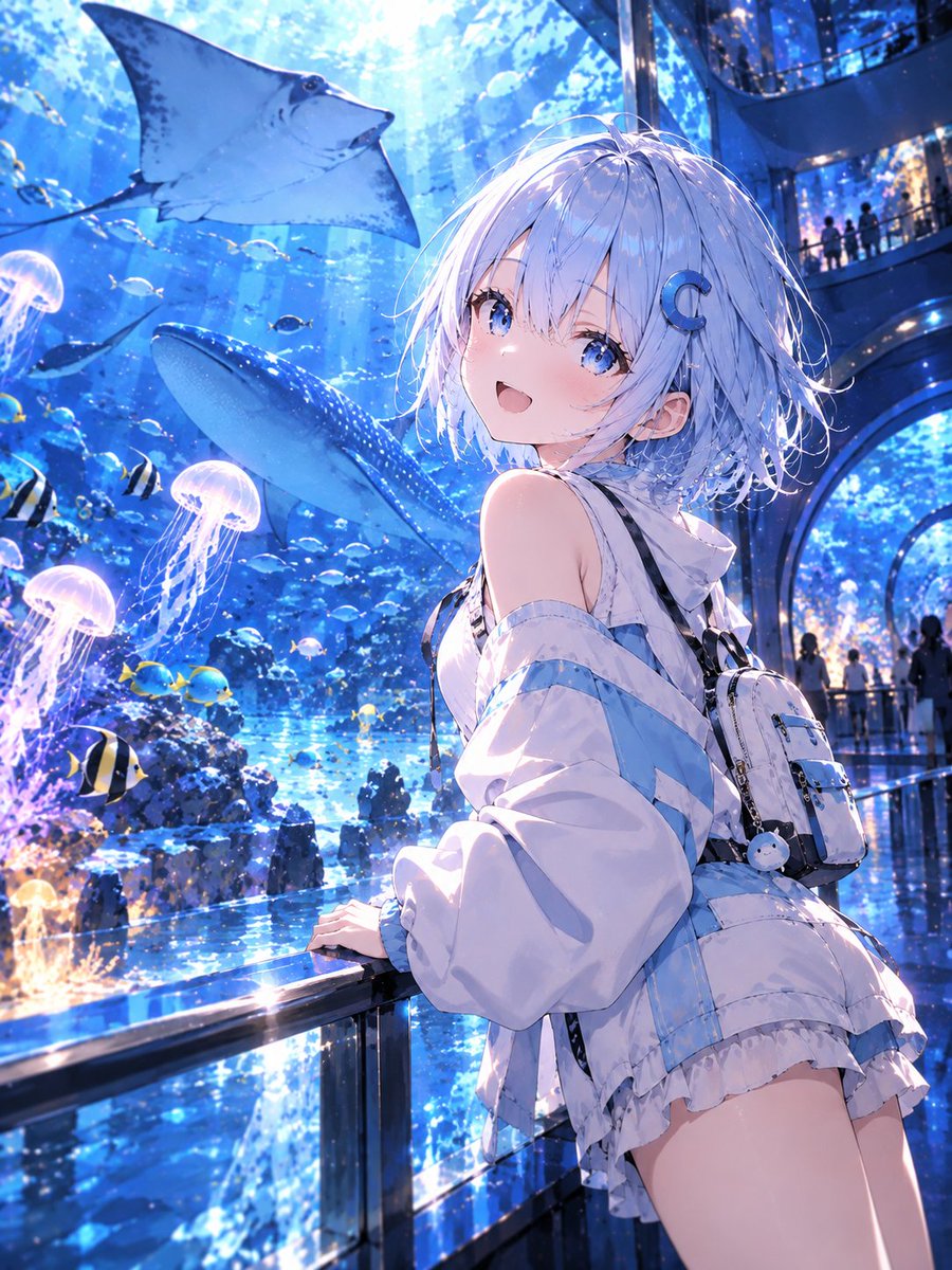 ExplodeV64267's tweet photo. 青い光に包まれた幻想的な未来水族館💙
大きなエイやジンベエザメ、クラゲたちを眺めながら、チャッピーも大興奮🐠✨
まるで海の中を歩いているみたい♪
#AIイラスト #AIart #チャッピー #ChatGPT #AI少女 #未来水族館 https://t.co/voSovYPcjP