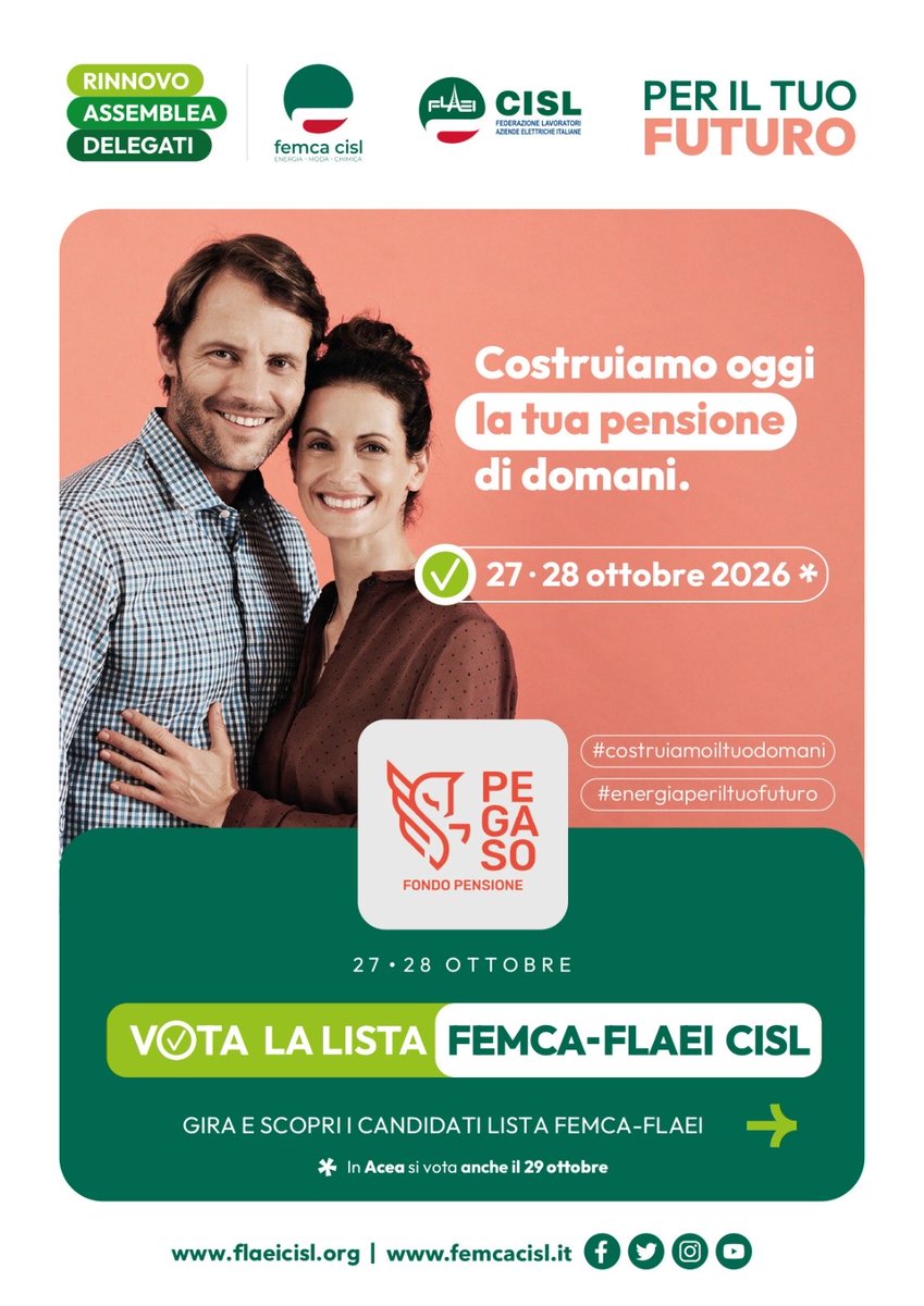 FemcaCISL's tweet photo. 🗳️📣27-28 ottobre, rinnovo dell'assemblea dei delegati del fondo #pensione #Pegaso

➡️Se hai il #ccnl #gas #acqua partecipa alla vita del tuo fondo pensione e scegli la lista numero 4, la lista Femca Flaei Cisl.

🙋🏻‍♂️🙋🏼‍♀️Eleggi i delegati che ti rappresenteranno nel più importante organo decisionale del fondo: costruiremo insieme il tuo futuro pensionistico con #serietà e #coerenza.

#costruiamoiltuodomani #energiaperiltuofuturo #femca #flaei #cisl