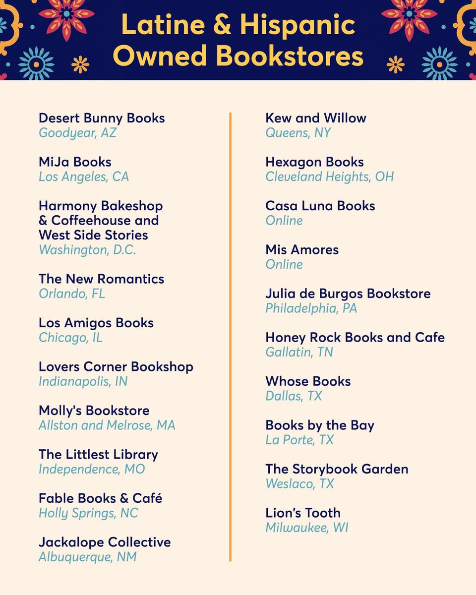 BooksandRosesCo's tweet photo. 📚💛 In celebration of #HispanicHeritageMonth,  spotlighting some of your favorite Latine &amp; Hispanic-owned bookstores! ✨ if you know others, shout it out #ReadBooks #ReadingisEmpowering #reading 
#ShopLocal #bookstores #booklovers #kidsreading #parents #teachers #librarians https://t.co/j2B4M3T7vI