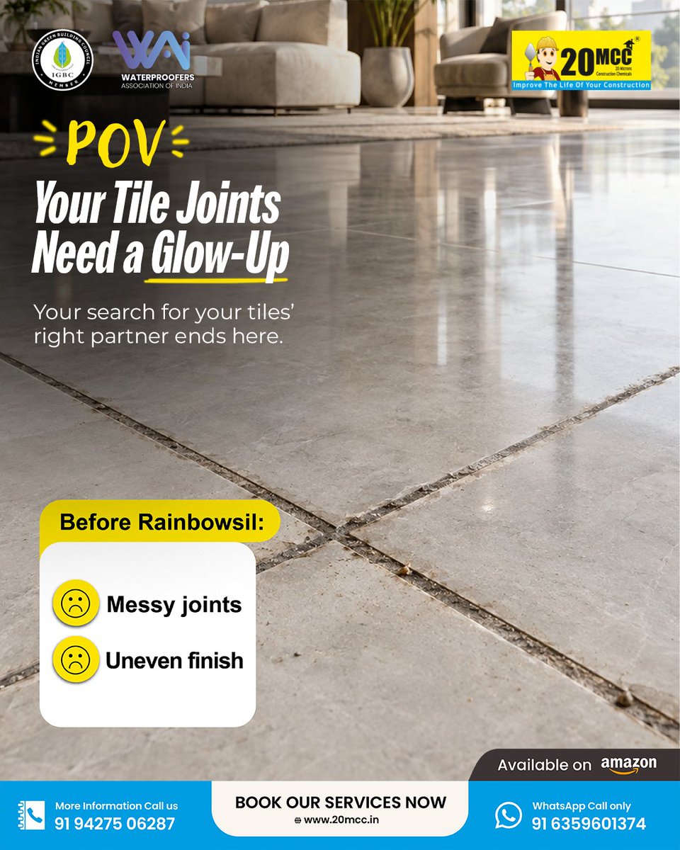 20MCC_Chemicals's tweet photo. A little grout can change the whole look! Rainbowsil takes tile joints from messy and uneven to smooth, neat and clean. Because good tiles deserve good joints.
#20MCC #Rainbowsil #EpoxyGrout #EpoxyGrouting #TileGrout #TileJoints #StoneGrouting #TileInstallation #trendy #fyp https://t.co/aHxcF5e3Nt