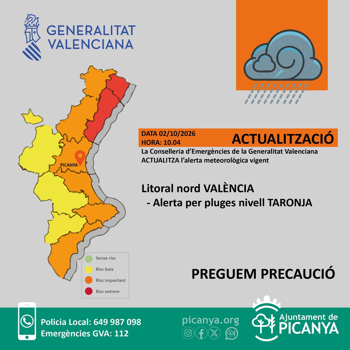 aPicanya's tweet photo. La Generalitat Valenciana rebaixa a nivell taronja l'alerta meteorològica.
Esta vesprada tornaran a obrir les instal·lacions esportives municipals.
Més informació:
https://t.co/ANV0LTUGVV https://t.co/rS0LI8VcYZ
