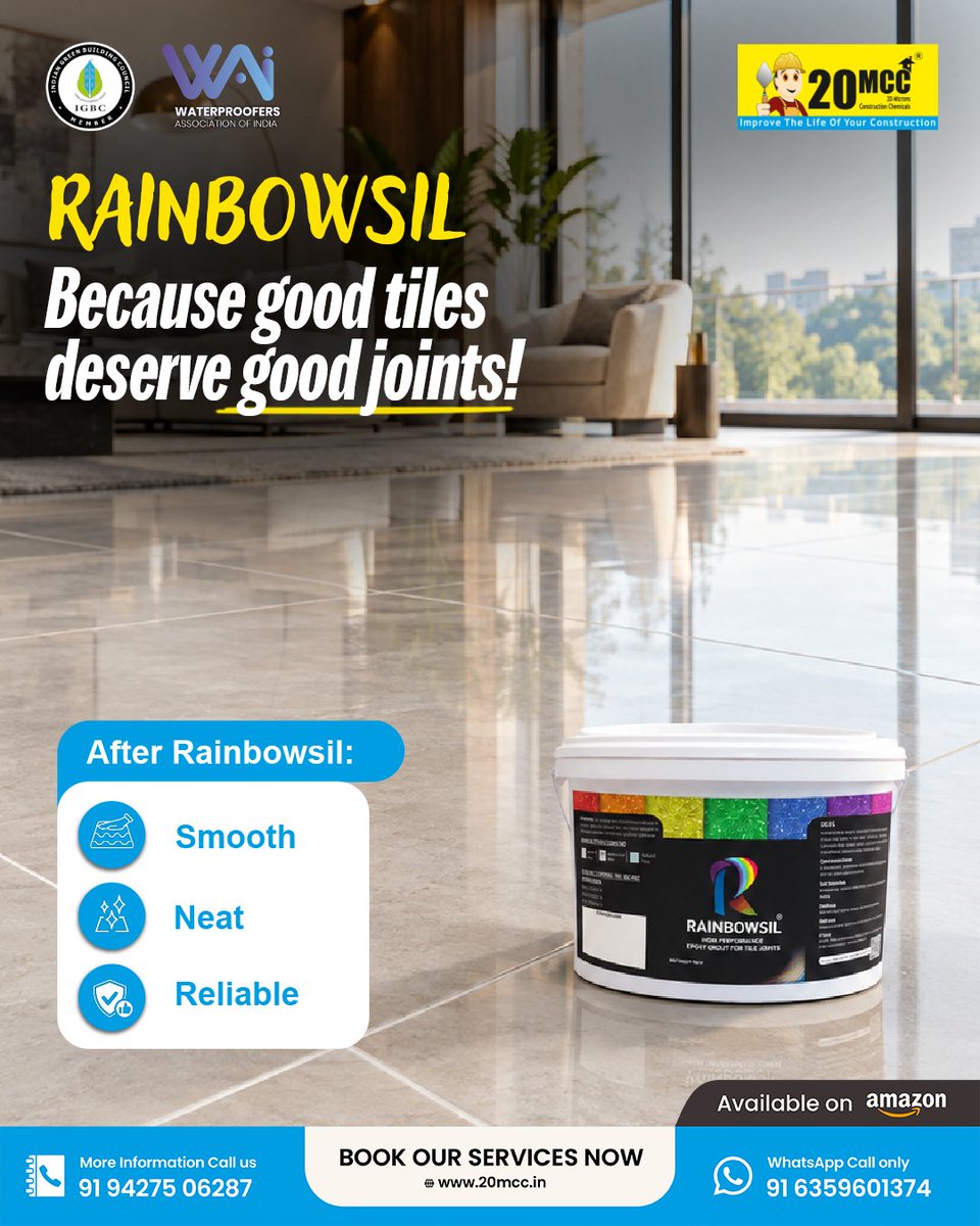 20MCC_Chemicals's tweet photo. A little grout can change the whole look! Rainbowsil takes tile joints from messy and uneven to smooth, neat and clean. Because good tiles deserve good joints.
#20MCC #Rainbowsil #EpoxyGrout #EpoxyGrouting #TileGrout #TileJoints #StoneGrouting #TileInstallation #trendy #fyp https://t.co/aHxcF5e3Nt