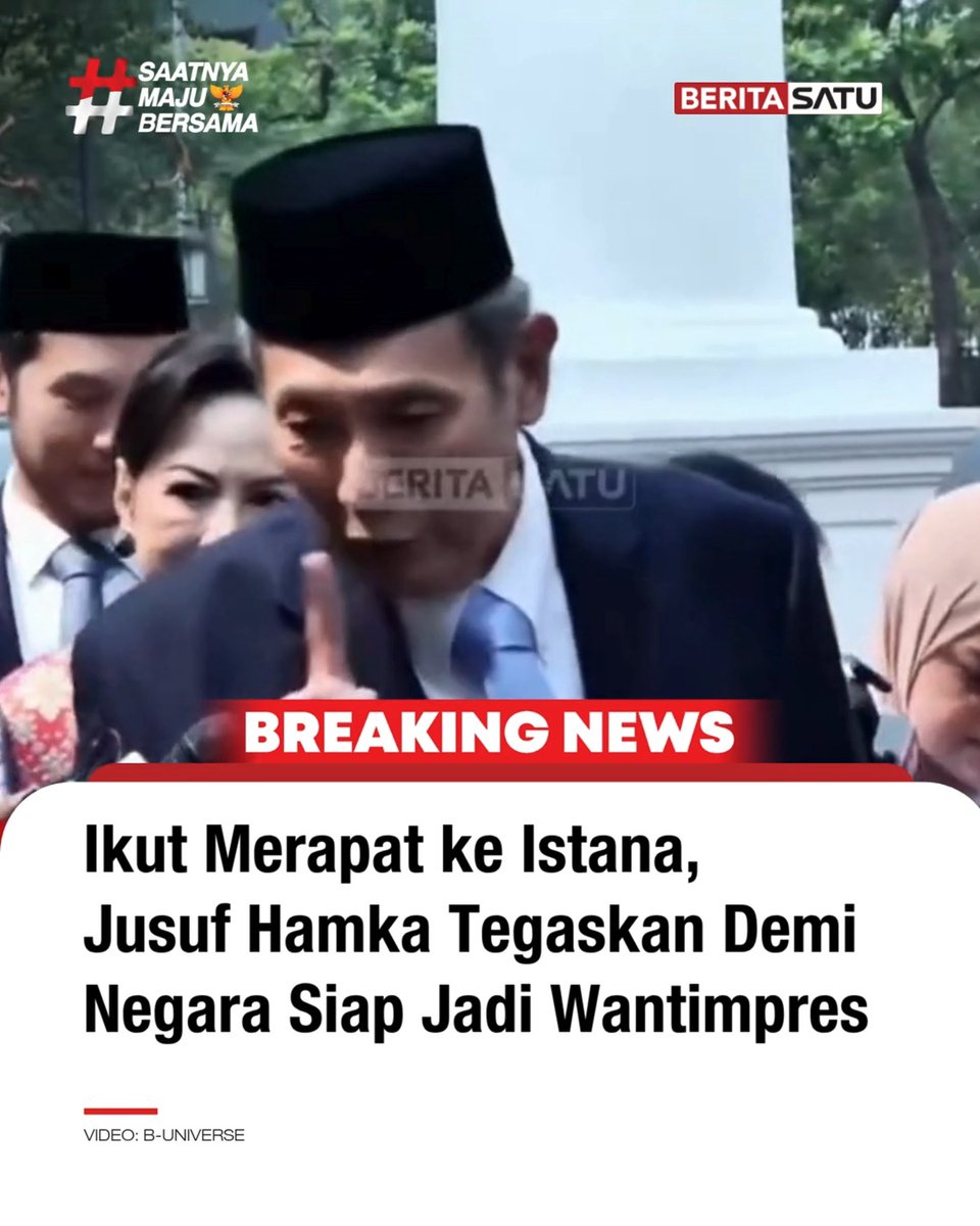 A screenshot of an Indonesian news video from 'BERITA SATU' with a 'BREAKING NEWS' banner; the headline reads 'Ikut Merapat ke Istana, Jusuf Hamka Tegaskan Demi Negara Siap Jadi Wapres'.