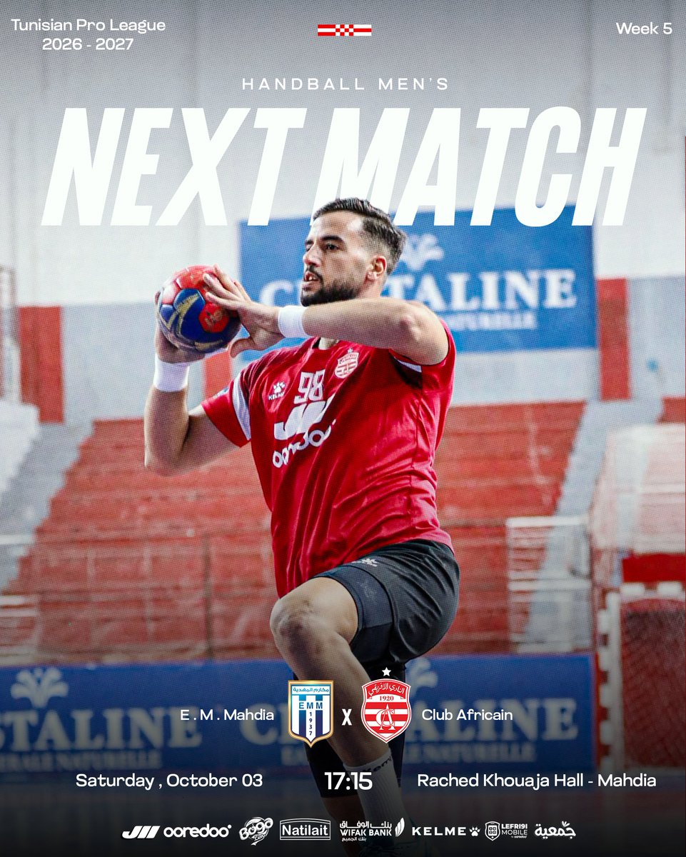 clubafricain's tweet photo. ���🇹 𝗡𝗲𝘅𝘁 𝗠𝗮𝘁𝗰𝗵 ✔️ Week 5 🤾🏻
🆚 E. M. Mahdia
🕔 5.15 PM | Saturday, October 03
📍 Rached Khouaja Hall -  Mahdia
🏆 Tunisian Handball Pro League 2026–2027

#Beyond_The_Last_Breath 
#ClubAfricain #CAhand #جمعيّة_ياحياتنا https://t.co/sgVdSBGllb