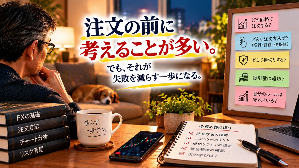 Masa_madogiwaFX's tweet photo. FXを始める前は、
「買うか、売るか」
それだけ考えればいいと思っていました。
でも実際は、
どの価格で？
どんな注文で？
どこまでなら損失を受け入れる？
考えることは意外と多い。
だからこそ、焦らず一つずつ。
#FX初心者 #FX勉強中 https://t.co/Dv9uyxFWHE