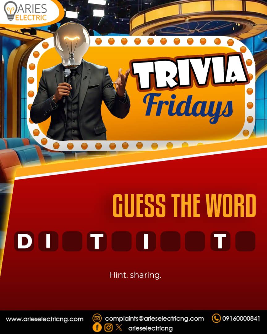 AriesElectricNG's tweet photo. TRIVIA FRIDAY 
GUESS THE WORD 
D I _ T _ I _ _ T _

Hint: Sharing.

#TriviaFriday 
#FunFriday 
#AriesElectricNG 
#AE https://t.co/uxsHOjYhuu