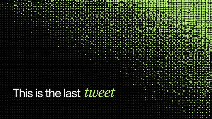 A black graphic with a green dotted pixel pattern features the text 'This is the last tweet'.