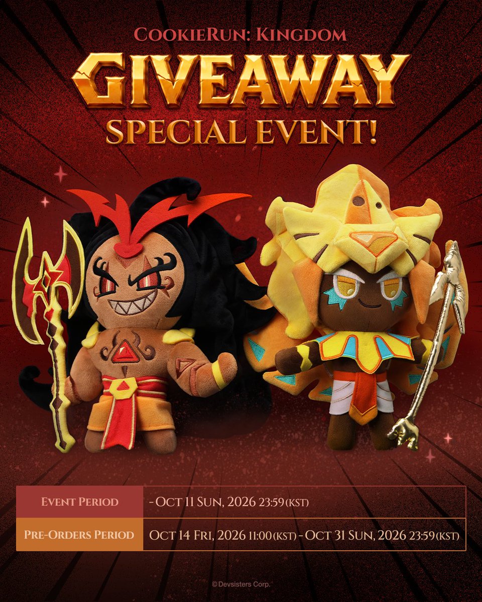 Cookierunstore's tweet photo. Special Giveaway Celebrating the
“Mortal Flames, Eternal Change” Update!

Abundance and destruction—the protagonists of two diverging histories.
Burning Spice Cookie and Golden Cheese Cookie plush are coming soon!

Enter for a chance to win one of these two plushies!

Head over to Instagram and join the giveaway now!
🔗https://t.co/cQgBUYkpFJ

We look forward to your participation.
Thank you!
-
필멸의 불꽃, 영겁의 역사 
업데이트 기념 스페셜 이벤트!

풍요 그리고 파괴, 엇갈린 역사의 주인.
버닝스파이스 쿠키와 골드치즈 쿠키의 봉제인형이 출시됩니다!

이벤트를 통해 당첨되신 분들에게 버닝스파이스 인형/골드치즈 쿠키 인형을 보내드려요!

지금 바로 인스타그램에서 관련 이벤트에 참여해 보세요!
🔗https://t.co/cQgBUYkpFJ

많은 관심 부탁드립니다.
감사합니다!

#cookierunkingdom #cookierun #burningspicecookie #goldencheesecookie
