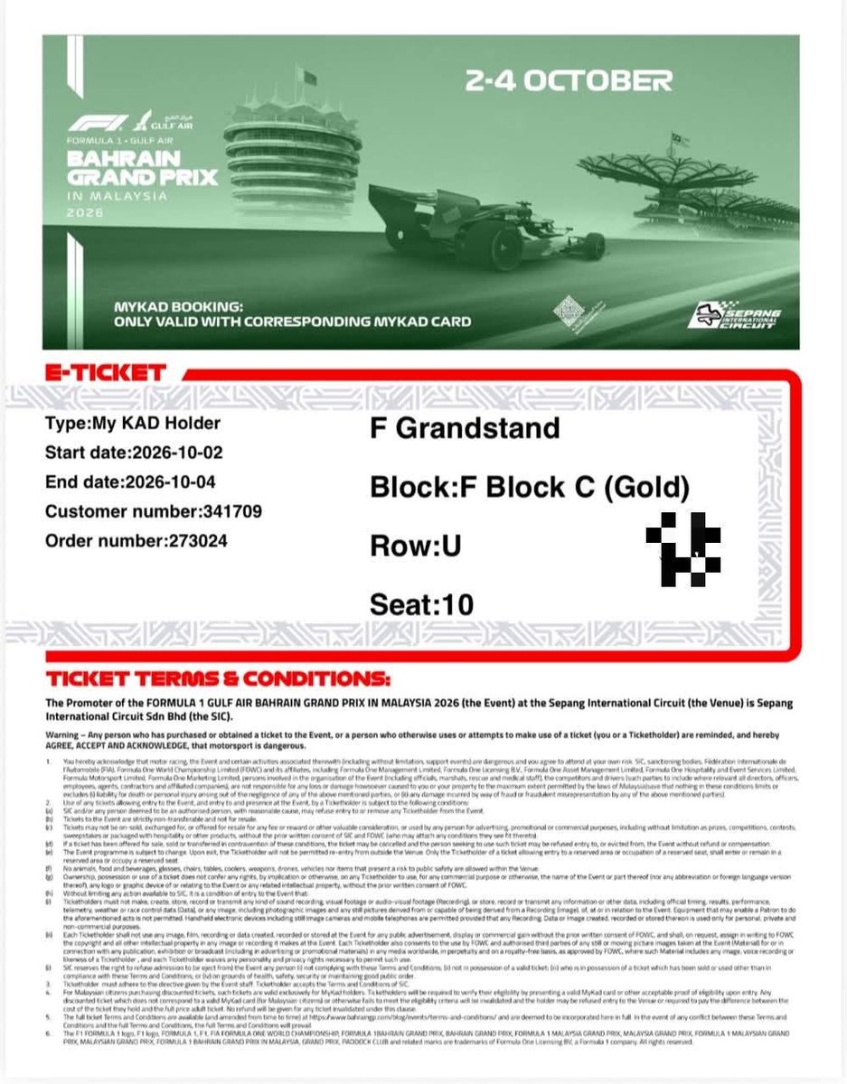 julia001O's tweet photo. 🏁 [WTS] F1 GRANDSTAND TICKET 🏎️🔥

🎫 1x Grandstand (Available)
💰 RM 800 | Orig: RM 1,291.40
📌 First come, first served

Proof ready &amp; instant PDF transfer. Berminat boleh DM! 📩🫶🏻

#WTSF1 #F1Sepang #MalaysiaGP #TiketF1 #F12026 https://t.co/iV2I40GSpc