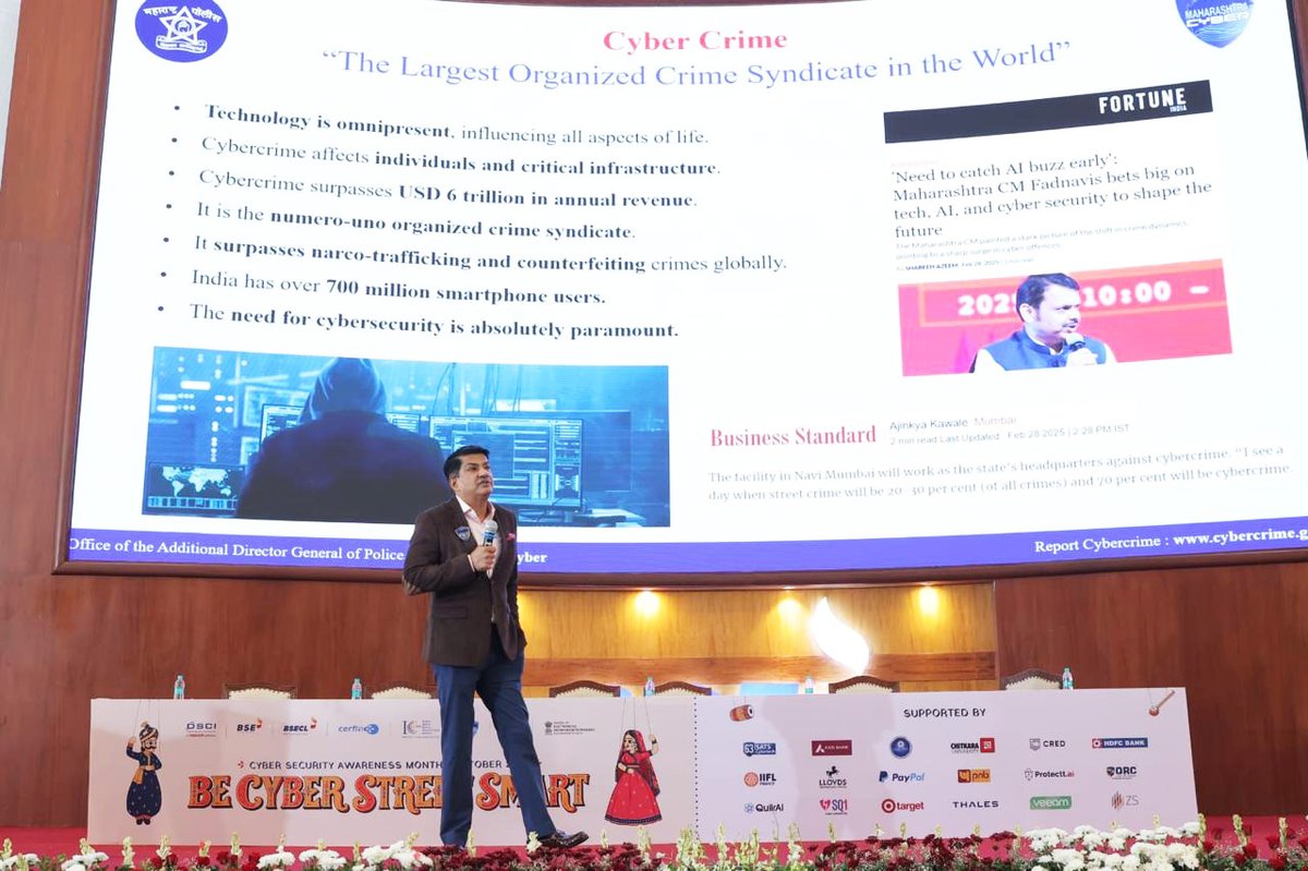 MahaCyber1's tweet photo. DSCI Ring the Bell Initiative at BSE! In the gracious presence of Hon’ble IT Minister Shri Ashish Shelar, Shri Yashasvi Yadav (IPS), ADG, Maharashtra Cyber, shared valuable insights on cybercrime. 
One awareness session, a lifetime of digital security! 
#DSCI #CyberSecurity https://t.co/JtwGkIMy2r