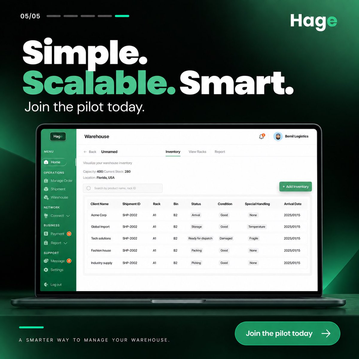 tryhagetoday's tweet photo. Digitizing your warehouse doesn't require a million-dollar IT team.
Hage makes it simple, intuitive, and ready to scale.
Visit https://t.co/lXNSC04vvL to join the First 100 LSP for free. https://t.co/eEVB2CLoUZ