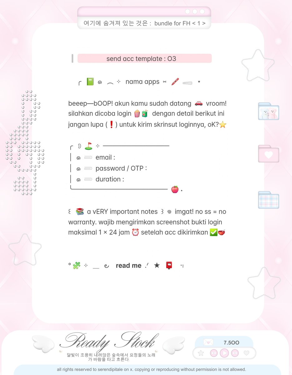 serendipitale's tweet photo. ㅤ
a retweet would be very appreciated. ♥︎

ⓘ  shelf note : new stocks were added!  🐱 🎀  in this batch,  𝒦itty’s bringing “send acc template wording” and a bundle of “warranty reminder + warranty active.” wording 💬  custom order are still open too! #zonauang ꒱
ㅤ https://t.co/4PzxCiIdak