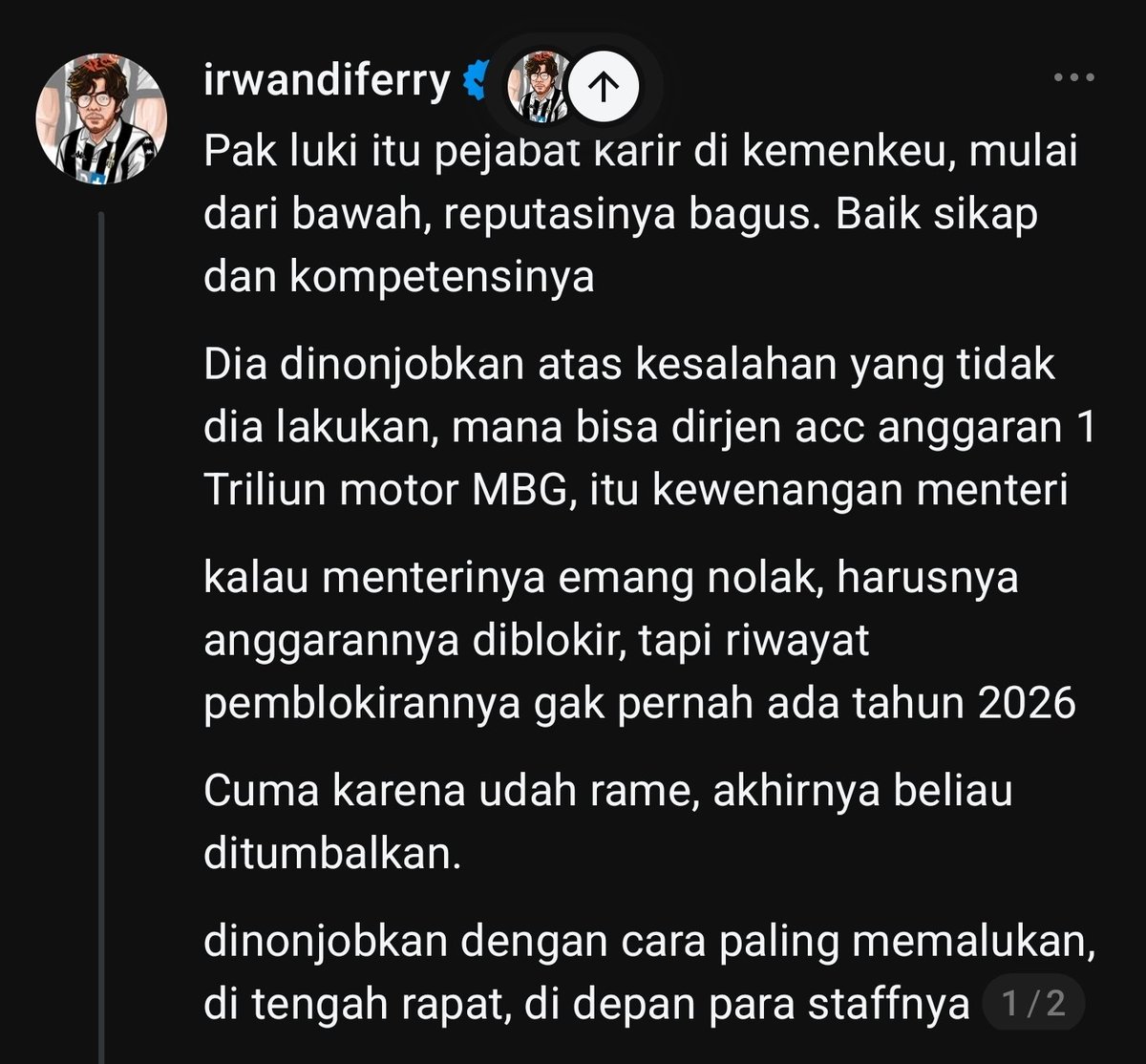 eDzulfikar's tweet photo. Walau dia ga di dalem lagi, ferry tau banget daleman kemenkeu. Gw gabisa ngomong lebih jauh, tapi biar orang2 lain yg lebih paham dan ngulik2 itu yg akan menjabarkan kebenaran

Gw menduga penjatuhan nama Menkeu kemarin dan Wamenkeu saat ini masih ada benang merahnya https://t.co/Cuioh6mfDI