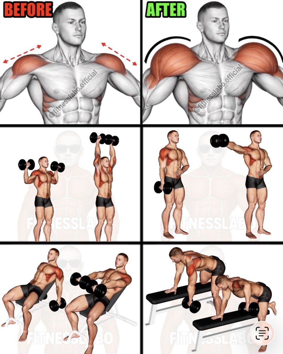 fitnesslaboX's tweet photo. ✅ Build Bigger, Wider Shoulders With These 4 Moves
① Dumbbell Shoulder Press
② Dumbbell Lateral Raise
③ Incline Dumbbell Lateral Raise
④ Dumbbell Rear Delt Row
3 sets × 10–12 reps
#ShoulderWorkout #Delts #MuscleGrowth #WorkoutTips #FITNESSLABO https://t.co/uCTv70ltqd