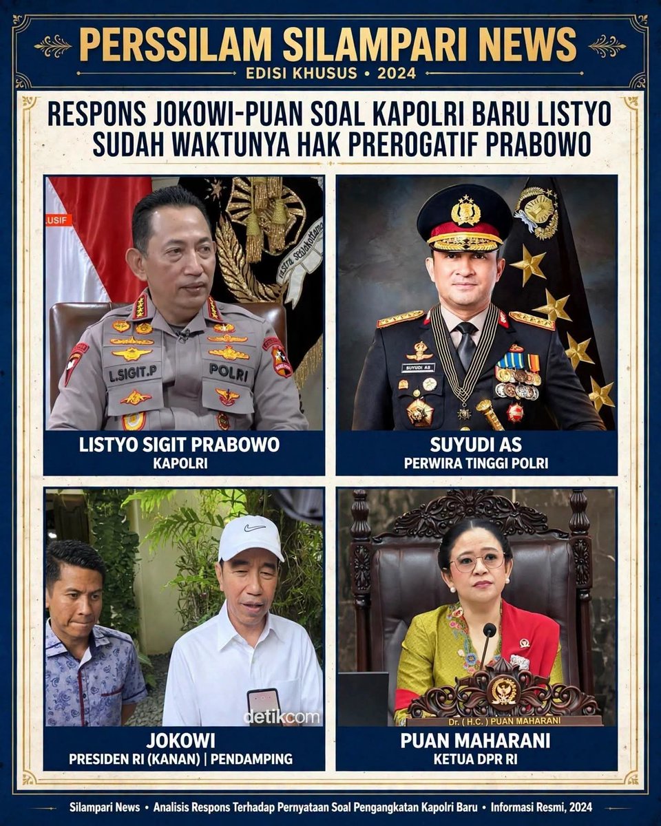 perssilam2022's tweet photo. 🚨 JOKOWI: "SUDAH SAATNYA!" soal ganti Kapolri!

Jokowi: "Hak prerogatif Prabowo, Listyo sudah 5th 8bln menjabat. Suyudi sangat baik" 👍

Puan: "Diberhentikan terhormat karena sudah waktunya" 📄

Listyo (57th) -> KSP | Suyudi ex-Kepala BNN -> Kapolri baru! 👮‍♂️

#KapolriBaru https://t.co/g9x3rQVwvk