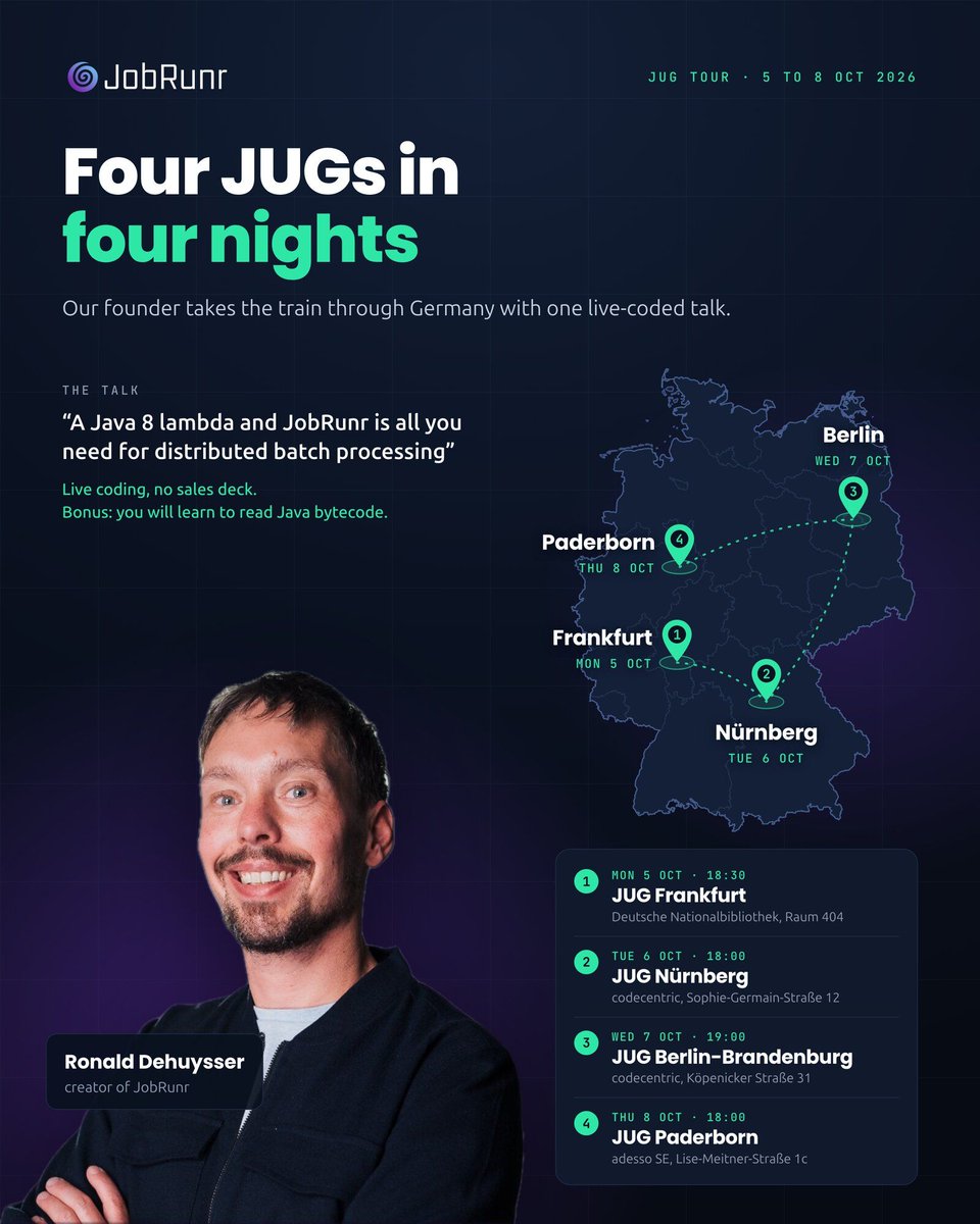JobRunr's tweet photo. 🇩🇪 Four JUGs in four nights: @rdehuyss takes one live-coded JobRunr talk through Germany.

Mon 5 Oct: JUG Frankfurt
Tue 6 Oct: JUG Nürnberg
Wed 7 Oct: JUG Berlin-Brandenburg
Thu 8 Oct: JUG Paderborn

Bonus: you will learn to read Java bytecode. Links 👇

#Java #JUG #opensource https://t.co/1zsp3RglFj