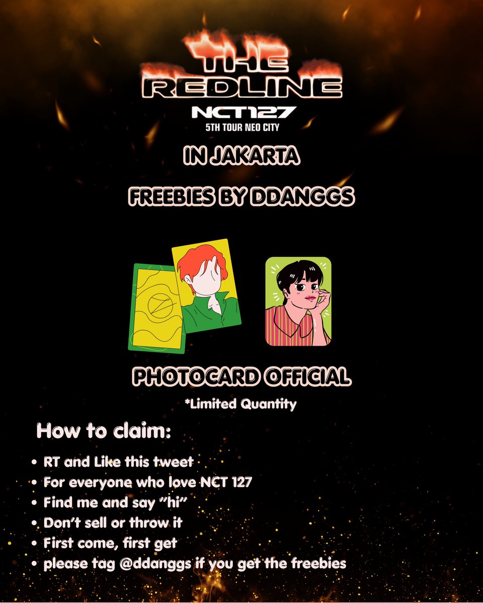ddanggs's tweet photo. The Redline NCT 127 5th Neo City in Jakarta Freebies by @ddanggs

[rt &amp; like are appreciated]

— Photocard Official —

🗓 Saturday, 3 October 2026
⏰ TBA 
🛖 Indonesia Arena

❗️LIMITED QUANTITY ❗️

୨ৎ See you at venue ୨ৎ https://t.co/bMrGKncIAi