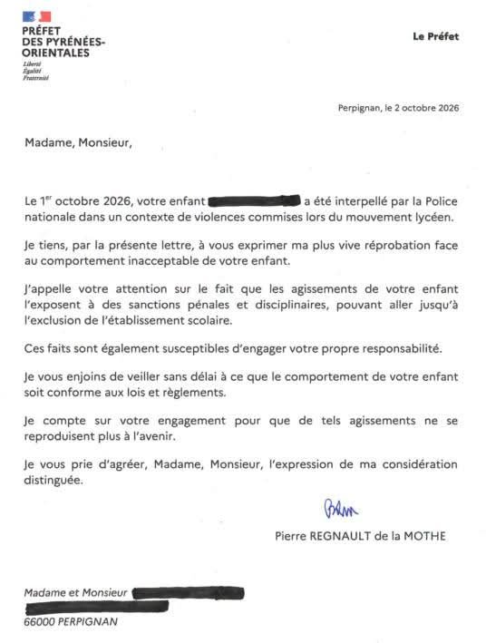 Prefet66's tweet photo. J'ai décidé d'écrire personnellement aux parents des mineurs qui ont été interpellés pour des faits de violences ou de dégradations dans le contexte des manifestations lycéennes. Dans cette lettre, je rappelle la gravité des faits constatés et je demande aux parents d'exercer leur autorité parentale.

Pierre Regnault de la Mothe, préfet des Pyrénées-Orientales