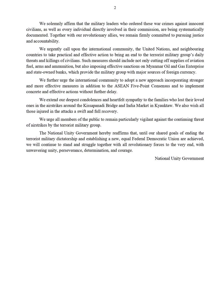 NUGMyanmar's tweet photo. "Statement Condemning the Deliberate Airstrikes by the Terrorist Military Group on Civilians near the Kissapanadi Bridge and India Market in Kyauktaw, Arakan State"
30 September 2026