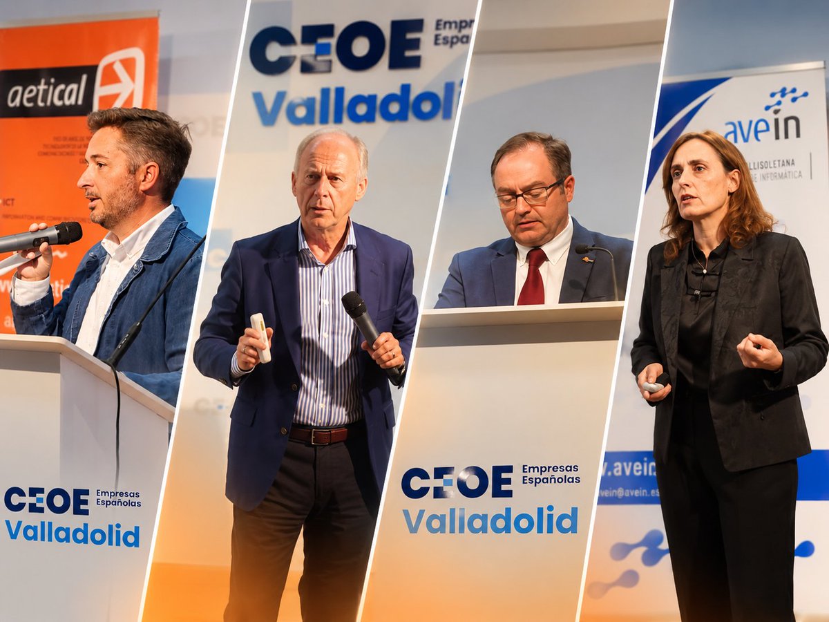 AETICAL's tweet photo. El Encuentro AETICAL 2026 reunió en Valladolid al sector TIC, con los viceconsejeros Mar Sancho (Dinamización Industrial y Laboral) y Luis Enrique Ortega (Transformación Digital e IA).
IA, ciberseguridad, facturación, ayudas y Premios AETICAL marcaron la jornada.
#AETICAL #JCyL https://t.co/UZhvm1EM5m