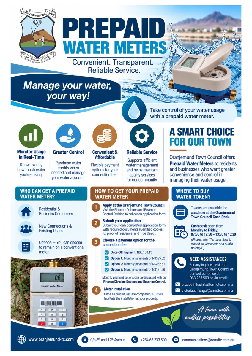 OranjemundTC's tweet photo. PREPAID WATER METERS ARE AVAILABLE
Take greater control of your water usage with a prepaid water meter. Available to residential and business customers for new and existing connections. Interested? Visit OTC’s Finance: Debtors &amp; Revenue Control Division to apply. https://t.co/5voboKgkEw