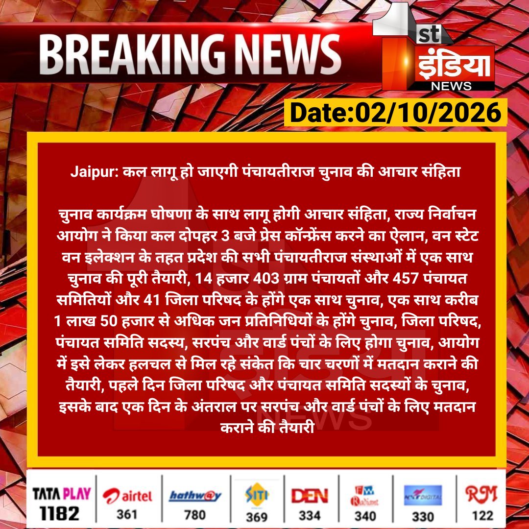 1stIndiaNews's tweet photo. #Jaipur: कल लागू हो जाएगी पंचायतीराज चुनाव की आचार संहिता 

चुनाव कार्यक्रम घोषणा के साथ लागू होगी आचार संहिता, राज्य निर्वाचन आयोग ने किया कल दोपहर 3 बजे प्रेस कॉन्फ्रेंस करने...

#RajasthanWithFirstIndia @RajGovOfficial @rituraj9999 https://t.co/gm9IOjG1SF
