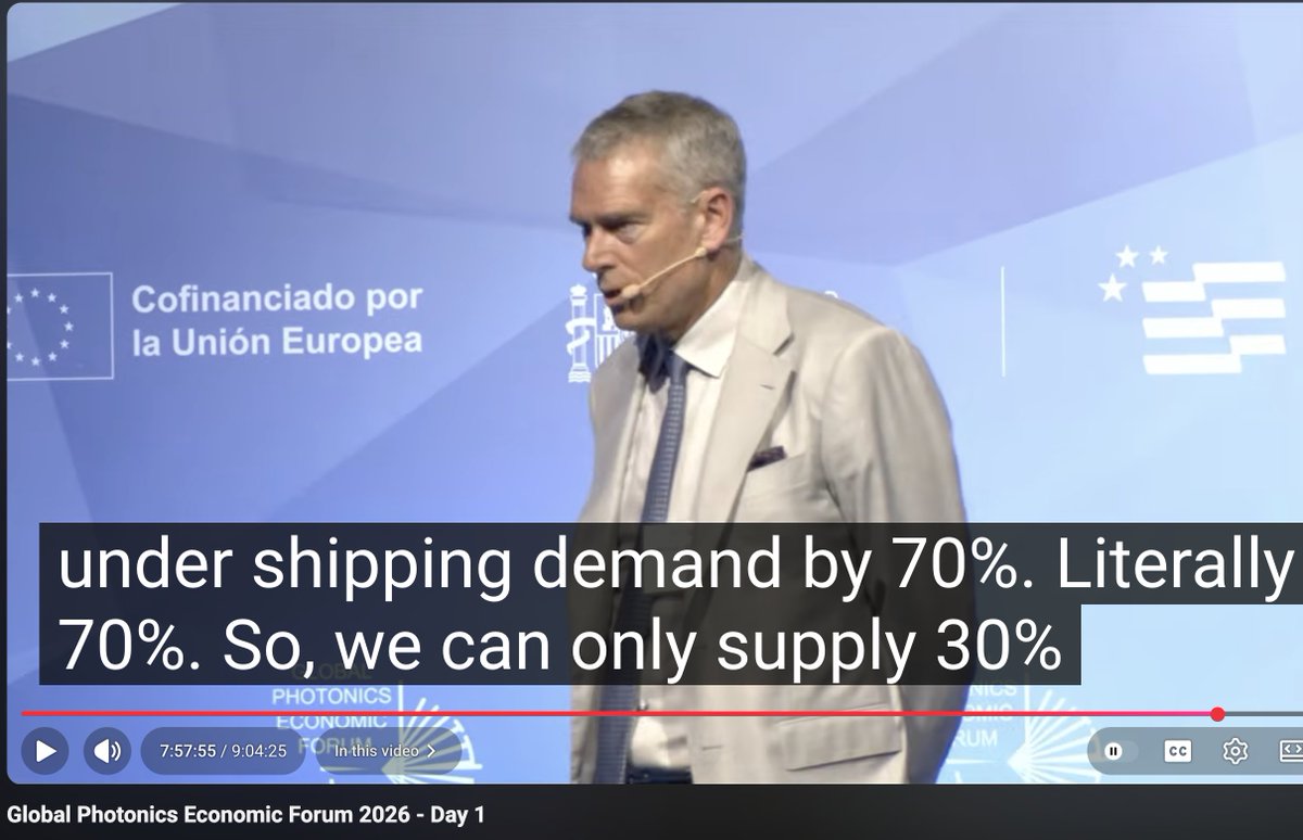 aleabitoreddit's tweet photo. $LITE CEO: "Next year with the advent of CPO and NPO in 2027, our estimates are that we'll be undershipping demand...

By 70%. Literally 70%. So we can only supply 30%. 

And this has caught us by supply. By 2029-2030, we get to some level of balance."

Source: Global Photonics Economic Forum Day 1 (7:57:15 - 7:58:00)

Any other players with laser capacity coming online are probably going to get more market attention soon.