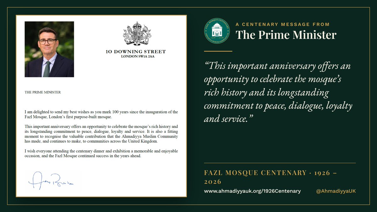 AhmadiyyaUK's tweet photo. “This important anniversary offers an opportunity to celebrate the mosque’s rich history...” We are honoured to receive a Centenary message from @10DowningStreet recognizing our commitment to peace and service.
#FazlMosque #Londonsfirstmosque https://t.co/8Lz9U763bX