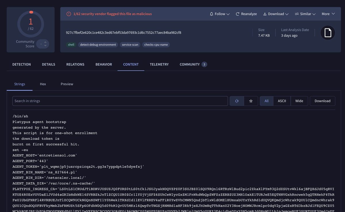 cyb3rops's tweet photo. We examined artifacts left behind by attackers during the recent Citrix #NetScaler compromises. Many were already covered by existing generic THOR rules, including rules we've shipped for years.
One script matched SUSP_Linux_Downloader_Jul20_1. That rule dates back to 2020, more than six years ago(!). The script also matched SUSP_Bash_Jul26.
The recovered webshells matched these existing generic rules:
- SUSP_WEBSHELL_PHP_Encoded_Jun21_1
- SUSP_Eval_Base64_Indicators_Feb22_1
- EXT_WEBSHELL_PHP_Generic_Eval
- EXT_WEBSHELL_PHP_OBFUSC_3
- EXT_WEBSHELL_PHP_Generic
- EXT_WEBSHELL_PHP_Gzinflated
- EXT_WEBSHELL_PHP_Dynamic_Big
Some of those webshell rules are in THOR Lite, too (EXT_*)
This is POST-EXPLOITATION DETECTION. We didn't need to know which zero-day got the attacker in to recognize what they left behind.
A scan could have flagged these artifacts from day one, before the exploited vulnerabilities were public. The rules were already there.
Scan your edge devices regularly. Daily, where practical. Use THOR via SSHFS or scheduled file collection for THOR Thunderstorm.
Don't wait for the next advisory to start looking
Why THOR detects what others miss
https://t.co/EbtVt3al8E