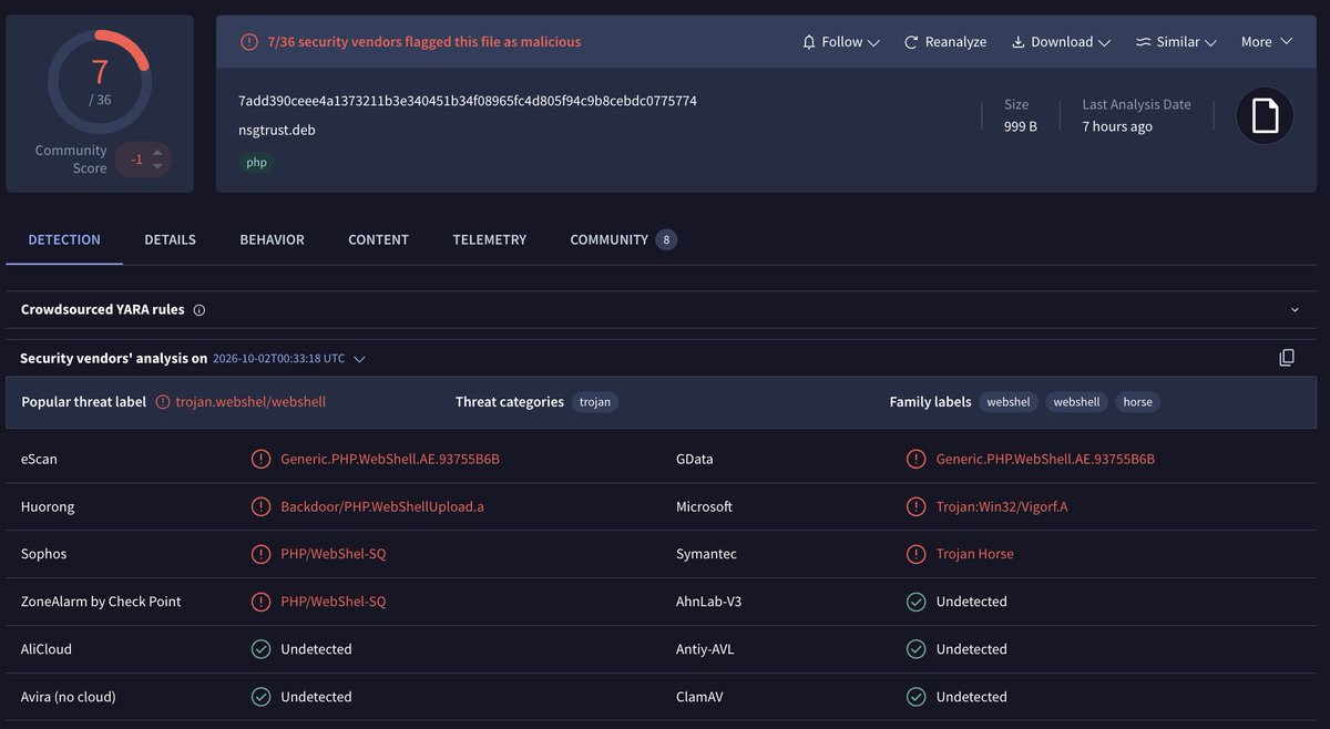 cyb3rops's tweet photo. We examined artifacts left behind by attackers during the recent Citrix #NetScaler compromises. Many were already covered by existing generic THOR rules, including rules we've shipped for years.
One script matched SUSP_Linux_Downloader_Jul20_1. That rule dates back to 2020, more than six years ago(!). The script also matched SUSP_Bash_Jul26.
The recovered webshells matched these existing generic rules:
- SUSP_WEBSHELL_PHP_Encoded_Jun21_1
- SUSP_Eval_Base64_Indicators_Feb22_1
- EXT_WEBSHELL_PHP_Generic_Eval
- EXT_WEBSHELL_PHP_OBFUSC_3
- EXT_WEBSHELL_PHP_Generic
- EXT_WEBSHELL_PHP_Gzinflated
- EXT_WEBSHELL_PHP_Dynamic_Big
Some of those webshell rules are in THOR Lite, too (EXT_*)
This is POST-EXPLOITATION DETECTION. We didn't need to know which zero-day got the attacker in to recognize what they left behind.
A scan could have flagged these artifacts from day one, before the exploited vulnerabilities were public. The rules were already there.
Scan your edge devices regularly. Daily, where practical. Use THOR via SSHFS or scheduled file collection for THOR Thunderstorm.
Don't wait for the next advisory to start looking
Why THOR detects what others miss
https://t.co/EbtVt3al8E