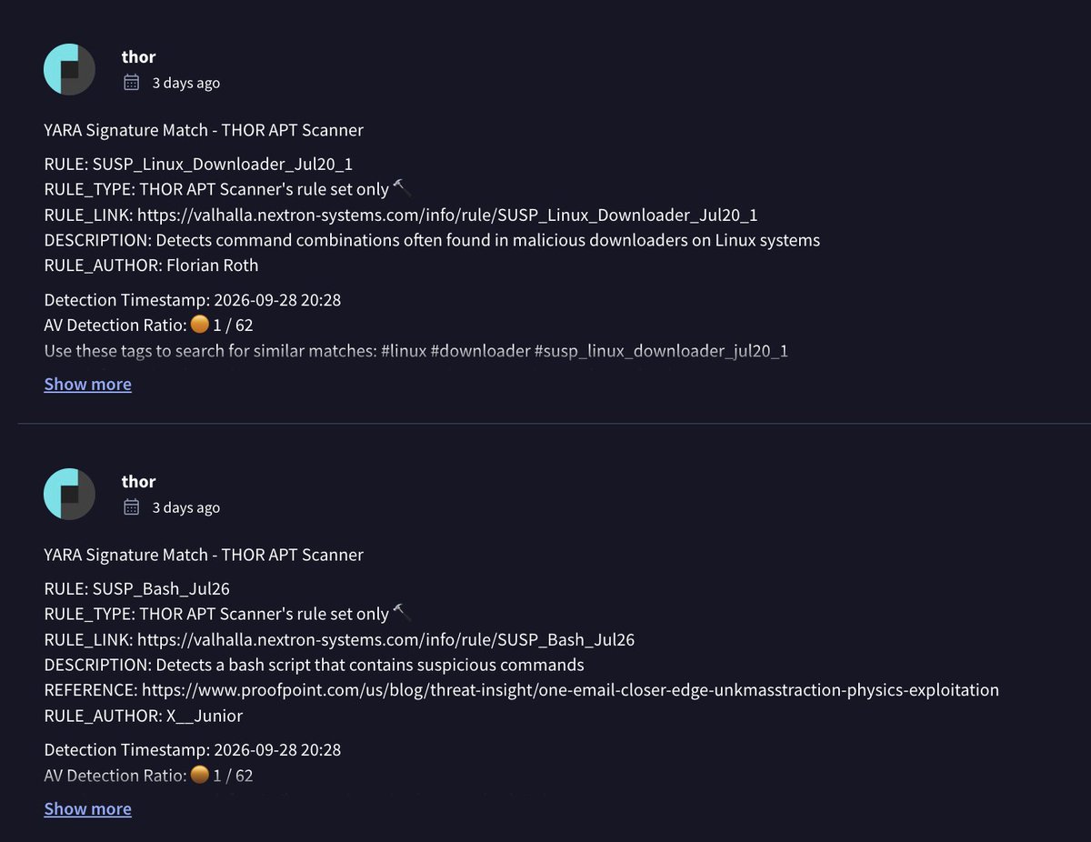 cyb3rops's tweet photo. We examined artifacts left behind by attackers during the recent Citrix #NetScaler compromises. Many were already covered by existing generic THOR rules, including rules we've shipped for years.
One script matched SUSP_Linux_Downloader_Jul20_1. That rule dates back to 2020, more than six years ago(!). The script also matched SUSP_Bash_Jul26.
The recovered webshells matched these existing generic rules:
- SUSP_WEBSHELL_PHP_Encoded_Jun21_1
- SUSP_Eval_Base64_Indicators_Feb22_1
- EXT_WEBSHELL_PHP_Generic_Eval
- EXT_WEBSHELL_PHP_OBFUSC_3
- EXT_WEBSHELL_PHP_Generic
- EXT_WEBSHELL_PHP_Gzinflated
- EXT_WEBSHELL_PHP_Dynamic_Big
Some of those webshell rules are in THOR Lite, too (EXT_*)
This is POST-EXPLOITATION DETECTION. We didn't need to know which zero-day got the attacker in to recognize what they left behind.
A scan could have flagged these artifacts from day one, before the exploited vulnerabilities were public. The rules were already there.
Scan your edge devices regularly. Daily, where practical. Use THOR via SSHFS or scheduled file collection for THOR Thunderstorm.
Don't wait for the next advisory to start looking
Why THOR detects what others miss
https://t.co/EbtVt3al8E