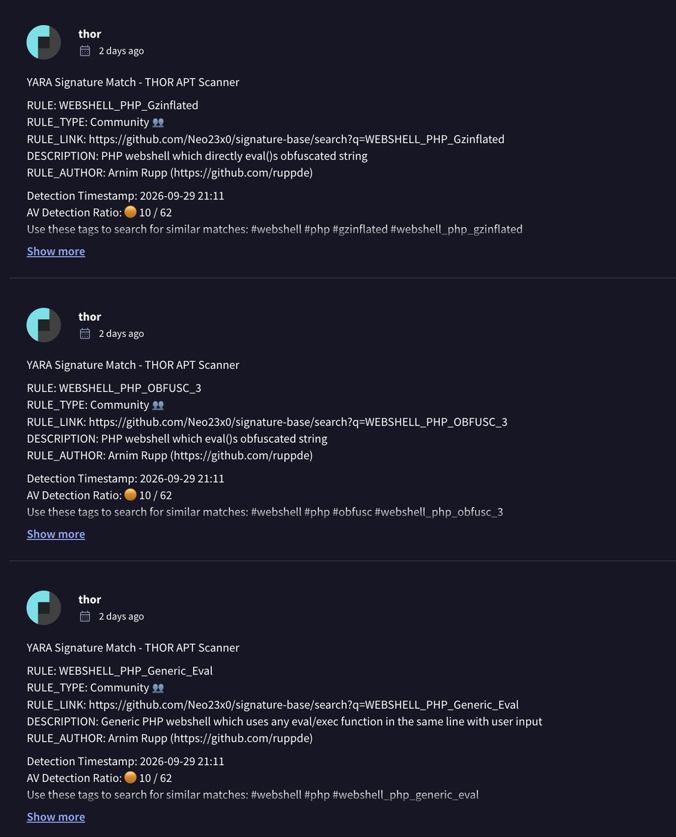 cyb3rops's tweet photo. We examined artifacts left behind by attackers during the recent Citrix #NetScaler compromises. Many were already covered by existing generic THOR rules, including rules we've shipped for years.
One script matched SUSP_Linux_Downloader_Jul20_1. That rule dates back to 2020, more than six years ago(!). The script also matched SUSP_Bash_Jul26.
The recovered webshells matched these existing generic rules:
- SUSP_WEBSHELL_PHP_Encoded_Jun21_1
- SUSP_Eval_Base64_Indicators_Feb22_1
- EXT_WEBSHELL_PHP_Generic_Eval
- EXT_WEBSHELL_PHP_OBFUSC_3
- EXT_WEBSHELL_PHP_Generic
- EXT_WEBSHELL_PHP_Gzinflated
- EXT_WEBSHELL_PHP_Dynamic_Big
Some of those webshell rules are in THOR Lite, too (EXT_*)
This is POST-EXPLOITATION DETECTION. We didn't need to know which zero-day got the attacker in to recognize what they left behind.
A scan could have flagged these artifacts from day one, before the exploited vulnerabilities were public. The rules were already there.
Scan your edge devices regularly. Daily, where practical. Use THOR via SSHFS or scheduled file collection for THOR Thunderstorm.
Don't wait for the next advisory to start looking
Why THOR detects what others miss
https://t.co/EbtVt3al8E