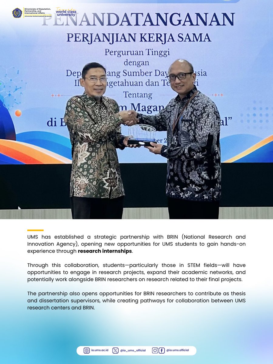 io_ums_official's tweet photo. UMS has established a strategic partnership with BRIN (National Research and Innovation Agency), opening new opportunities for UMS students to gain hands-on experience through research internships.

#UMS #BRIN #ResearchInternship #ResearchInnovation #NationalResearch https://t.co/pFtIDVYPlr