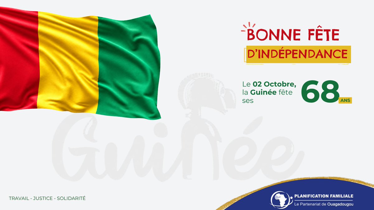 POuagaPF's tweet photo. Le 2 octobre, la #Guinée célèbre 68 ans d'indépendance.

Cette année, cette indépendance a une résonance particulière pour le Partenariat de Ouagadougou : c'est à #Conakry que se tiendra sa 15e Réunion Annuelle, une édition qui marque aussi les 15 ans du Partenariat.

Ce choix n'est pas fortuit. Il reconnaît les progrès de la Guinée en planification familiale et en santé sexuelle et reproductive, portés par un engagement politique soutenu, le leadership du ministère de la Santé et la mobilisation des communautés.

Les chiffres en témoignent :
- 16,5% de prévalence contraceptive moderne
- 188 000 grossesses non désirées évitées
- 740 décès maternels évités

Derrière ces chiffres, un pays qui a fait de la santé de ses femmes et de ses jeunes une question de développement national.

Le PO adresse ses vœux au peuple guinéen et se réjouit de le retrouver bientôt à Conakry.
 
#RAPO2026 #planificationfamiliale #DSSR #Guinée #POa15ans #UCPO