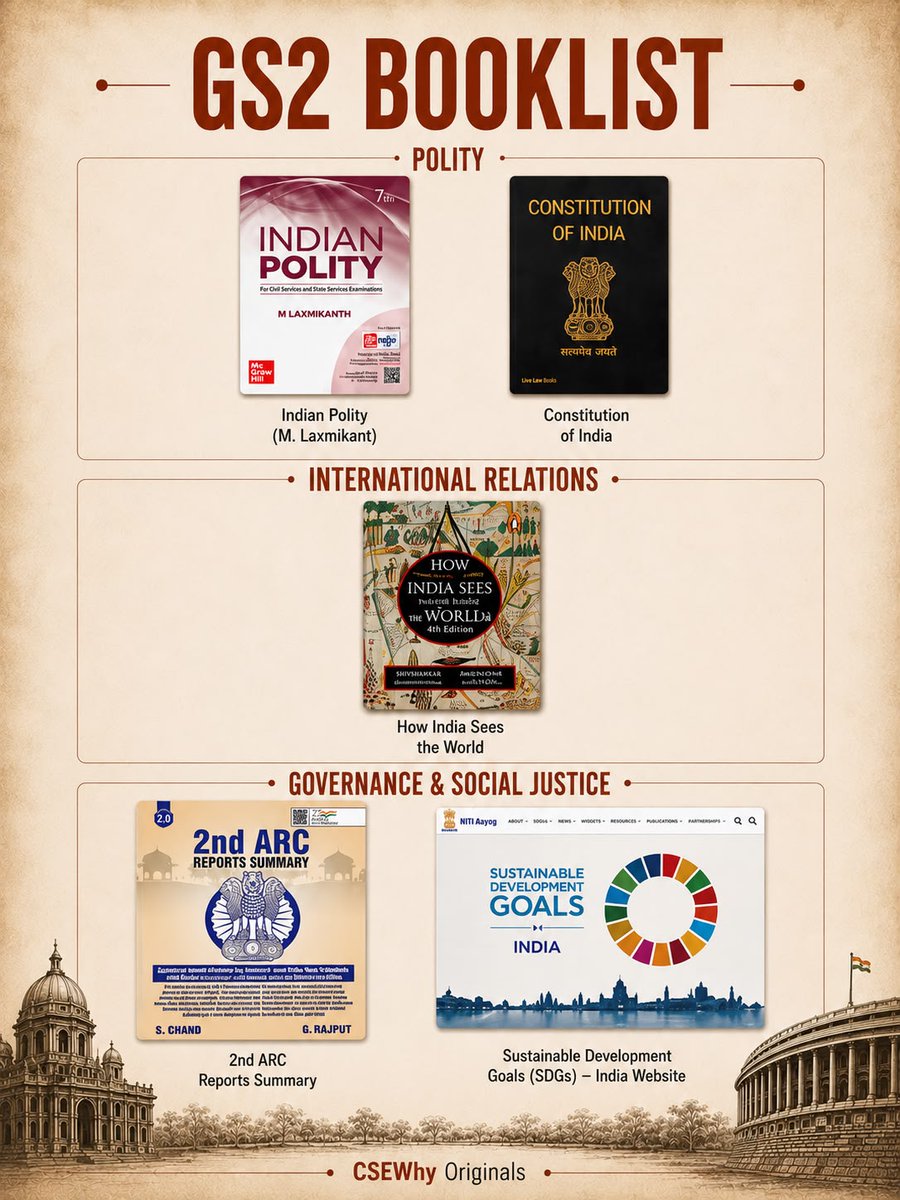 CseWhy's tweet photo. The complete GS 1 to 4 booklist you need to clear UPSC 2027. https://t.co/BMxe751bL7