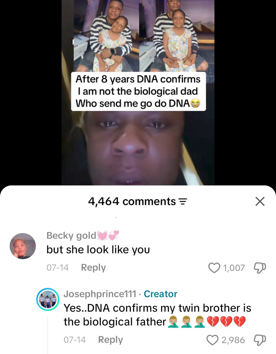 GloriousGod01's tweet photo. I saw a video on TikTok where a man said he decided to conduct a DNA test on his daughter after 8 years and he found out that she’s not his daughter.

That’s not even the most interesting part. The daughter looked so much like him and someone had to ask how it’s possible the little girl is not his when she looks so much like him.

He dropped the bomb: "She’s not my daughter but my twin brother’s."

I read that line and I sat there for a few minutes with deep pain in my heart.

We are always quick to blame women sometimes, but what about the brother who betrayed his own blood brother? What about that level of betrayal from him.

And you know for him to have had that test, it means that he has been seeing reasons to doubt or some off movements from his wife and brother. When will all these stop? We no longer have human sympathy?

I felt really bad. That man might take a lot of time before he heals. That’s if he’d ever heal.

Let's do better Na 🤦‍♀️

Above all, love God.