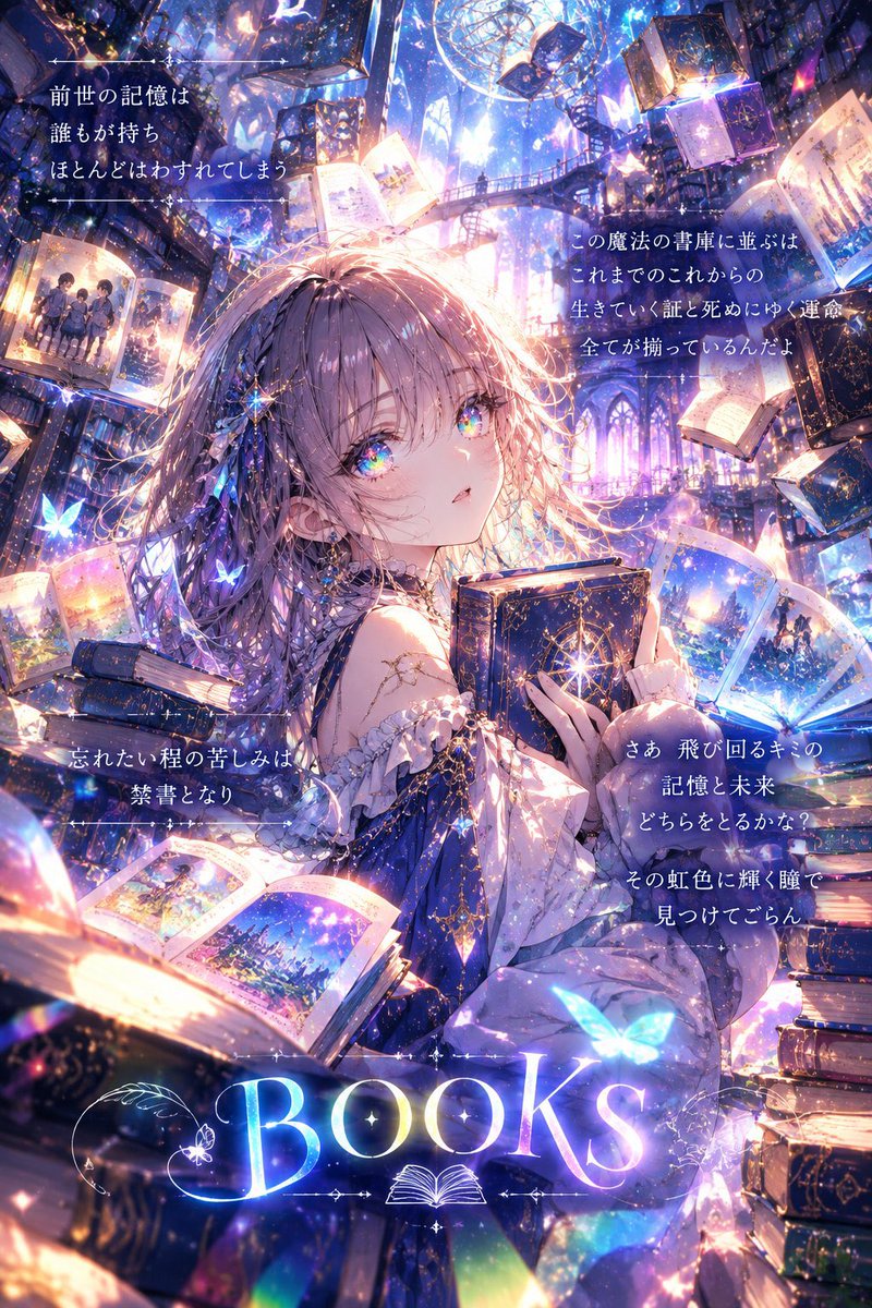 Hisui9735's tweet photo. ￼代々継がれた禁書庫の番人は、今宵自ら禁忌を犯す。

禁書庫の番人、護り人。
私が禁忌を犯した理由など、
きっと、些細な好奇心だけだった。

ここに封印されるのは、記憶を消せる禁書と筆。
書庫に並ぶのは、記憶と未来、
生と死に纏わる禁書目録、その全て。

虹色に輝く 見通す瞳は揺れ動き、
苦しみを忘却へ綴り、禁書の山を積み上げる。

知ってしまった、幸せな前世。
理解してしまった、課された使命の異常性。

離せなくなってしまった、筆と禁書は、
震える手で記憶をひとつと、またひとつ。
ゆっくり、確実に手離してゆく。

あんなに幸せだった前世を知って尚
今の自分を生きるなんて、私には、選べないから。

「要らない……こんなもの要らない…！ッ……、」

それなのに 虹色の瞳から零れる
記憶の涙は、禁書目録を滲ませる。

───手離したくない
……忘れたくない。

何もかもが私で、この全てで成り立っていて。

忘れたくない人がいる。
忘れたくないぬくもりがある。
手離したくないあなたが“今”にいる。

禁書に封じ込めた記憶は、滲んだ文字から放たれる。

辛い、苦しい、
──心が、痛い。

それでも同時に、それ以上に。
前世も、今も、未来さえ、
全てを取り戻して尚、それでも立ち上がる自分がいた。

あなたを忘れることが怖い

今の記憶を魂を、私が私である所以を
ここで殺して逃げてしまうくらいなら
記憶を継いだ私ごと、すべて未来へ捧げよう。

今に嘆くのはもう終わり。

禁書を一冊、二冊と、読み返す。
その度に、取り戻されてゆく魂の記憶。

禁書が私から奪ったものは、
そして私がひとつ殺めたものは、
逃げ道ひとつ、ただそれだけだった。

#詩 #ポエム #掌編小説
#月が照らす森の言の葉BOOKS
【禁書目録/選ぶ未来】