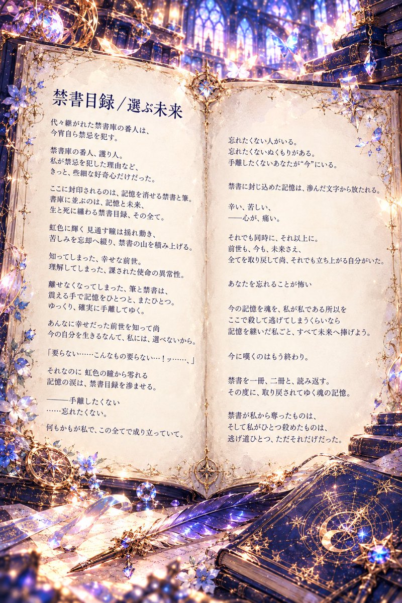 Hisui9735's tweet photo. ￼代々継がれた禁書庫の番人は、今宵自ら禁忌を犯す。

禁書庫の番人、護り人。
私が禁忌を犯した理由など、
きっと、些細な好奇心だけだった。

ここに封印されるのは、記憶を消せる禁書と筆。
書庫に並ぶのは、記憶と未来、
生と死に纏わる禁書目録、その全て。

虹色に輝く 見通す瞳は揺れ動き、
苦しみを忘却へ綴り、禁書の山を積み上げる。

知ってしまった、幸せな前世。
理解してしまった、課された使命の異常性。

離せなくなってしまった、筆と禁書は、
震える手で記憶をひとつと、またひとつ。
ゆっくり、確実に手離してゆく。

あんなに幸せだった前世を知って尚
今の自分を生きるなんて、私には、選べないから。

「要らない……こんなもの要らない…！ッ……、」

それなのに 虹色の瞳から零れる
記憶の涙は、禁書目録を滲ませる。

───手離したくない
……忘れたくない。

何もかもが私で、この全てで成り立っていて。

忘れたくない人がいる。
忘れたくないぬくもりがある。
手離したくないあなたが“今”にいる。

禁書に封じ込めた記憶は、滲んだ文字から放たれる。

辛い、苦しい、
──心が、痛い。

それでも同時に、それ以上に。
前世も、今も、未来さえ、
全てを取り戻して尚、それでも立ち上がる自分がいた。

あなたを忘れることが怖い

今の記憶を魂を、私が私である所以を
ここで殺して逃げてしまうくらいなら
記憶を継いだ私ごと、すべて未来へ捧げよう。

今に嘆くのはもう終わり。

禁書を一冊、二冊と、読み返す。
その度に、取り戻されてゆく魂の記憶。

禁書が私から奪ったものは、
そして私がひとつ殺めたものは、
逃げ道ひとつ、ただそれだけだった。

#詩 #ポエム #掌編小説
#月が照らす森の言の葉BOOKS
【禁書目録/選ぶ未来】